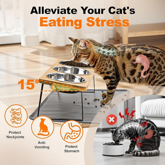 Elevated Cat Food Bowls with Mat Whisker Friendly, 15°Tilted Raised 3 Stainless Steel Cat Water Dishes Set for Anti Vomit, Pet Holder Stand Feeding Station for Indoor Kitten and Puppy