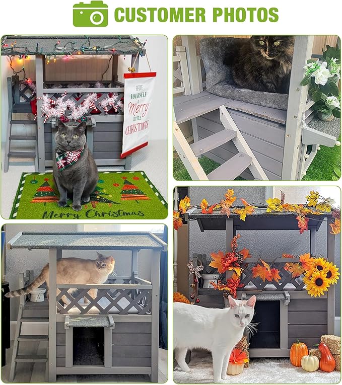 Cat House Outdoor Weatherproof โ 100% Solid Fir with Waterproof Paint, Two-Level Design, All-Weather Protection & Elevated Base โ Kitty Shelter for Feral Cats, Indoor/Outdoor Use