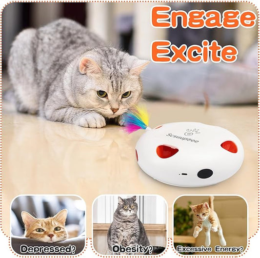 Interactive Cat Toy, Electric Cat Toys for Moving Concealed Feathers, Smart Sensor 7 Holes Whack a Mole Feather Toy, USB Charge Automatic Kitten Toys,White