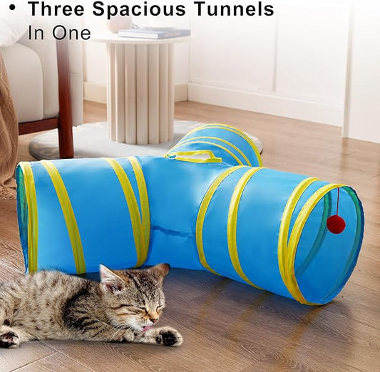 Love's cabin Cat Tunnel Tube Toys 3 Way Collapsible, Cat Tunnels for Indoor Cats,Kitten Tunnel Bored Pet Play Tunnel with Peek Hole Toy Ball for Kitty, Kitten, Rabbit, Puppy Blue&Yellow