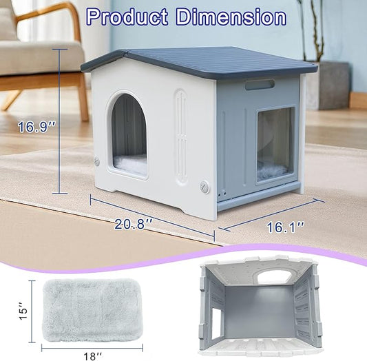 Plastic Cat House for Outdoor Indoor Use, Feral Cat House with Escape Door and Soft Mat, Cat Houses for Outdoor Cats Outside Cat Shelter for Small Pet, Assemble Easily - Grey