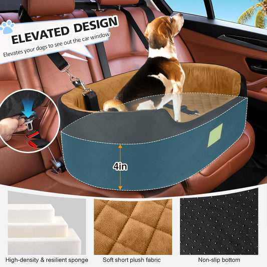Dog Car Seat for Medium & Large Dogs up to 55 lbs, Elevated Booster Seat with Anti-Slip Base, Detachable & Machine-Washable Pet Car Bed for SUV/Sedan (Black/Brown)