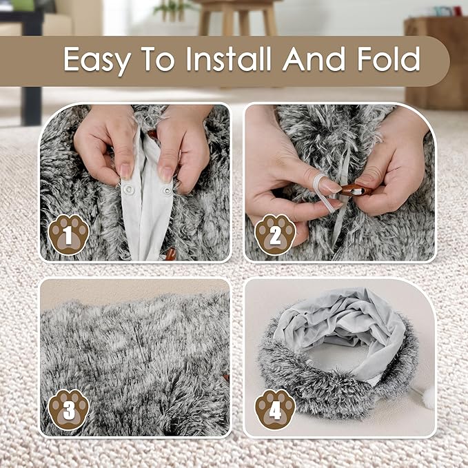 Cat Tunnel Bed for Indoor Cats, Peekaboo Cat Cave with Washable Soft Play Mat, Furry Cat Tube, for Kitten/Puppy/Rabbit, Black