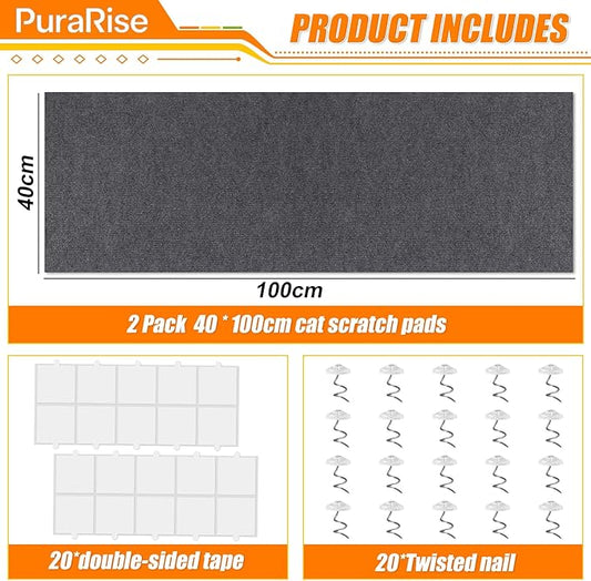 2PCS Cat Scratch Furniture Protector Mat DIY Self-Adhesive,39.3”X 15.8”,Includes Nano Adhesive and Fixing Nails (Gray),for Sofa, Walls, Floors,Cat Tree,Door, Durable & Pet-Friendly