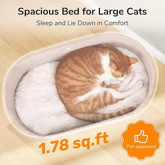 FUKUMARU Cat Beds for Indoor Cats, 24 Inch Large Cat Couch Bed with Cozy Faux Rabbit Fur Cushion, Felt Cats House Sofa in Oval Shape, Grey