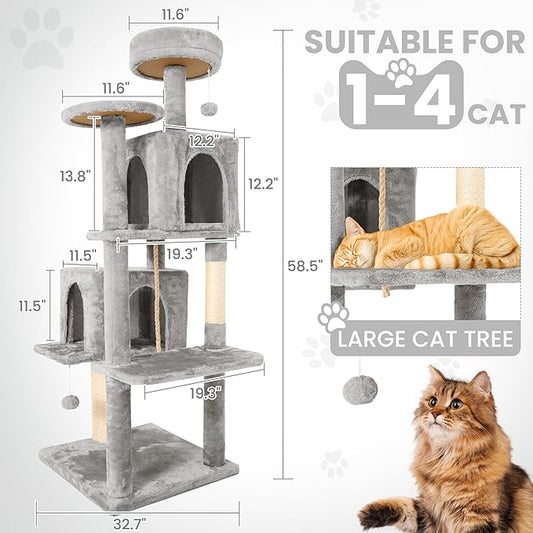 58.5inch Large Cat Tree Tower Condo for Indoor Cats, Soft Plush Multi-Level Climbing Tree Cat House with 1 360° Rotating Cat Cave, Scratching Post, More Entrance/Exit, Sisal Rope, Light Grey