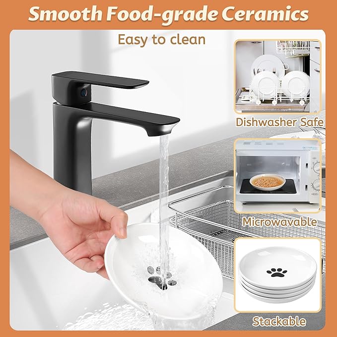 Cat Bowls, Ceramic Cat Food Bowl Set with Silicone Ring for Non Slip, Cute Cats Dishes and Plates for Feeding Indoor Cats, Kitten, Small Dogs (White-4 Pack, 6 Inches)