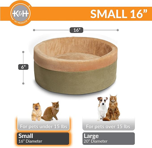 K&H Pet Products Thermo-Kitty Bed Heated Cat Beds for Indoor Cats & Dogs, Calming Warming Pillow Pet Bed, Machine Washable, Removable Heater, Safety Listed - Small 16" Round Sage/Tan