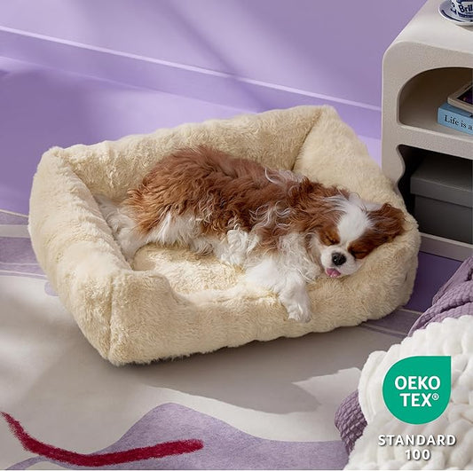 LE SURE Fluffy Dog Beds for Medium Dogs - Rectangle Orthopedic Calming Pet Sofa,Plush Bubble Bolster Pet Bed with Removable Washable Cover and Nonskid Bottom,30x24x8inches,Beige