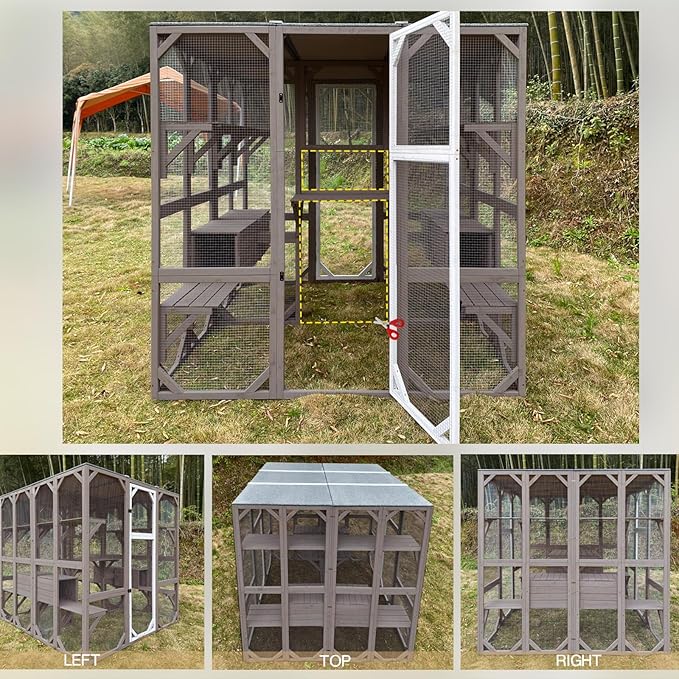 Outdoor Catio Cat Enclosures - Wooden Cat House Weatherproof with Multi Platforms & Lounge Boxes,Combined- 71 Inch
