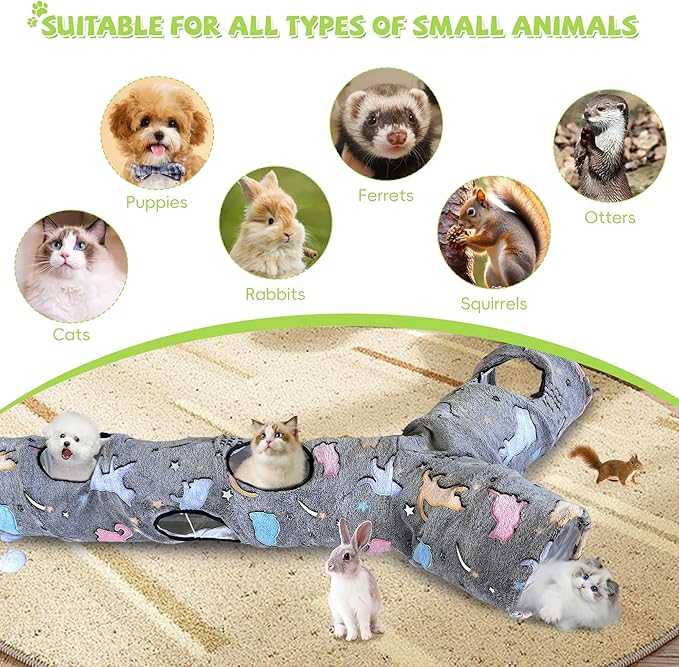 Cat Tunnels for Indoor Cats, Self-Luminous Cat Tunnel with Plush Ball, 3 Way Kitten Tunnel Collapsible, Cat Play Tunnel with Interactive Peephole for Large Cat, Puppy, Kitten