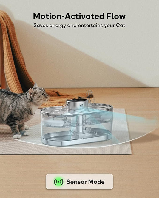 Cat Water Fountain Cordless, 108oz/3.2L Cengcen Wireless Pet Water Fountains Battery Operated 5000mAh, Chew-Proof Charging Cable with Adapter, Stainless Steel Transparent, Premium Edition