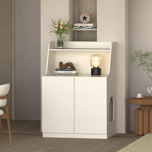 Large/Tall Litter Box Enclosure, Modern Wooden Litter Box Furniture for XL Litterbox with Open Shelf as Sideboard Cabinet (White)