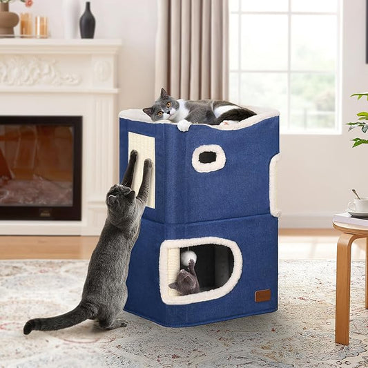 YITAHOME 2-Tier Cat House, Indoor Cat Cave Bed Playhouse, Cat Tunnels with Scratch Pad and Hideaway Cube, Cute Modern Cat Condo Furniture for Multi Small Cats, Classic (Blue)
