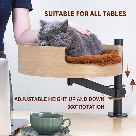 Cat Bed Desk with Pet Mat, Cat Hammock for Desk, ZBUQ Cat Bed Desk with Wooden Bowl, 360° Rotation and Adjustable Height, Light Brown