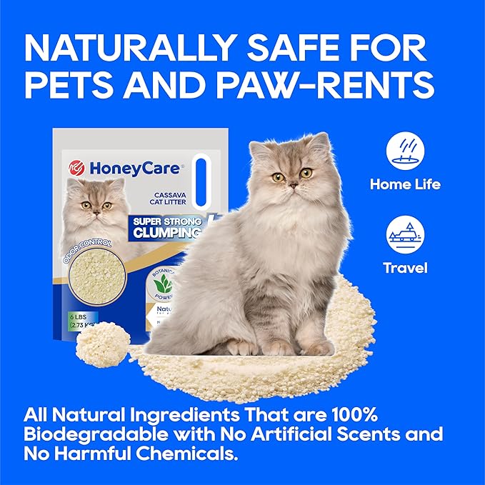 HoneyCare Cassava Cat Litter | Natural Plant-Based Litter | Quick Clumping & Low Dust | Superior Odor Control | Sustainable & Flushable Formula | 24-lbs Value Pack (6 lbs x 4)
