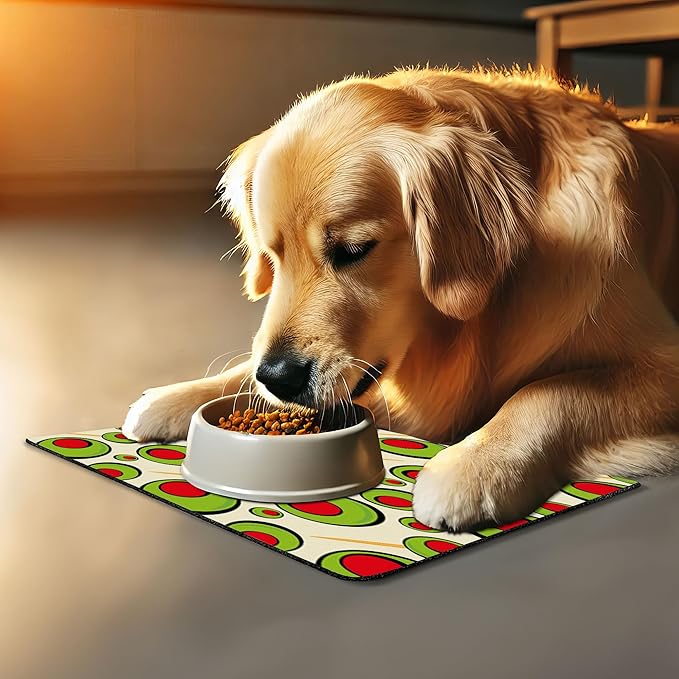Lunarable Vintage Pet Mat for Food and Water, Repeated Pattern Olives with Toothpicks for Cocktail Martini, Non-Slip Rubber Mat for Dogs and Cats, 18" X 12", Cream Lime