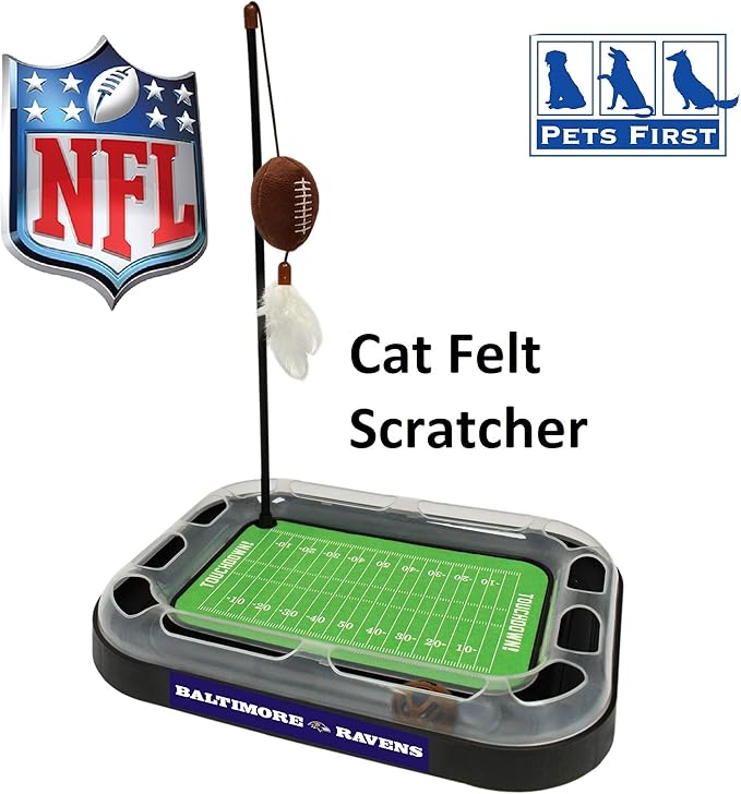 Pets First NFL BALTIMORE RAVENS FOOTBALL FIELD CAT SCRATCHER TOY with CATNIP Filled Plush FOOTBALL Toy & Feather Cat Toy hanging, with Jingle Bell INTERACTIVE BALL Cat Chasing 5-in-1 KITTY Toy