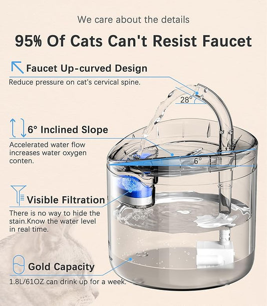 Cat Water Fountain Animal Water Dispenser 61OZ/1.8L Automatic Pet Drinking Fountain Clear Upgrade with 2 Filter Replacement 1 Adjustable Silent 1 Water Pump for Cats Kitty Indoor