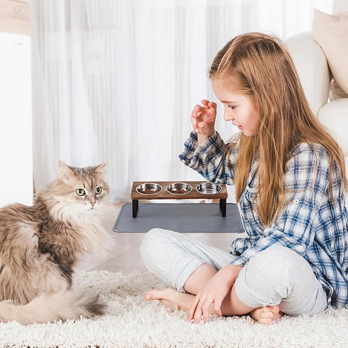Upgraded Elevated Cat Bowls with Food Mat,15°Tilted Stand Anti Vomiting Raised Cat Dishes for Food and Water,3 Stainless Steel Bowls for Cats and Puppy(Rustic Brown)