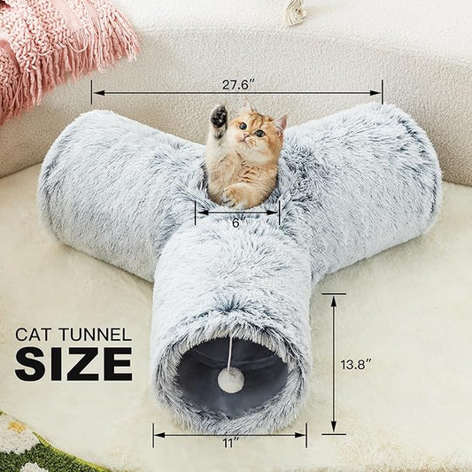 Tempcore Plush Pet Cat Tunnel Tube Cat Toys 3 Way Collapsible, Tunnels for Indoor Cats,Kitty Tunnel Bored Pet Toys Peek Hole Toy Ball Puppy, Kitty, Kitten, Rabbit Light Grey