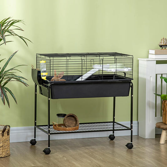 PawHut Two-Story Small Animal Cage Removable from Stand, Guinea Pig Cage with Shelf & Wheels, Pet Habitat for Hedgehog, Chinchilla, Ferret, 33" x 18.5" x 35", Black