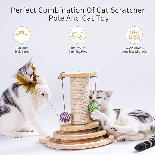 MEWOOFUN Cat Toy 2-Layer Turntable Cat Ball Toy with Feather,Kitten Toys Interactive Cat Toy with Eight Interactive Balls and Two Sisal Dangling Balls (Large)