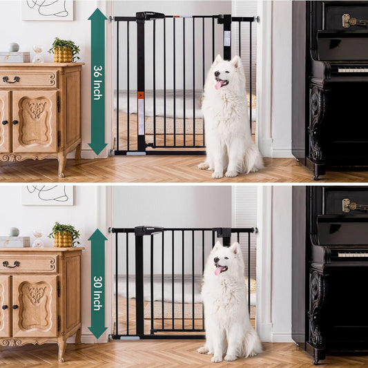 BABELIO 36" Tall Baby Gate, 26-40" Wide Auto Close Pet Gate, Pressure Mounted Metal Dog Gate, Easy-Install No Drilling, No Tools Required, with Wall Protectors and Extension Kits, Black