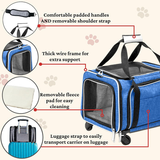 Airline Approved Expandable Premium Pet Carrier on Wheels- Two Sided Expandable Rolling Carrier- Designed for Dogs & Cats- Extra Spacious Soft Lined Carrier! (Blue)