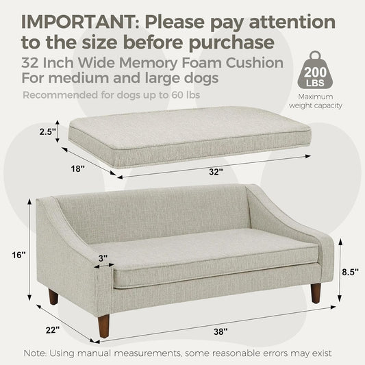 Dog Sofa Couch for Medium to Large Dogs, Durable Pet Sofa with Washable Fabric, Elevated Mini Dog Bed with Wooden Legs for Medium and Large Dogs, Beige