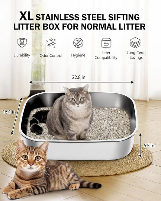 Stainless Steel Sifting Litter Box with Lid, Metal Litter Pan Tray with Scoop for Big Cats & Multi Cat, Extra Large Cats Litterbox Odor Control, Easy Clean (with Enclosure & Step, X-Large)