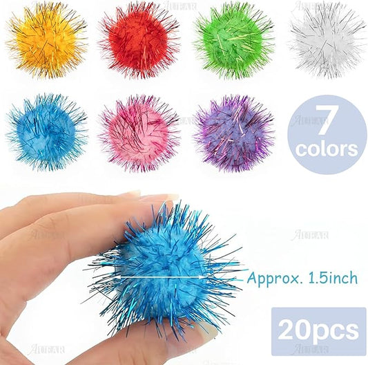 AUEAR, 20 Pack Sparkle Balls 1.5 Inches Tinsel Poms for Cats Pets Assorted Colors