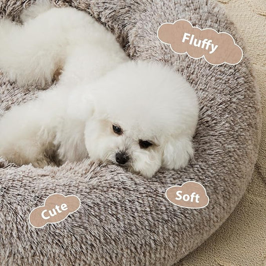 WNPETHOME Calming Dog Bed Cat Bed Donut, Faux Fur Pet Bed Self-Warming Donut Cuddler, Comfortable Round Plush Dog Beds (20 x 20 inch, Light Coffee)