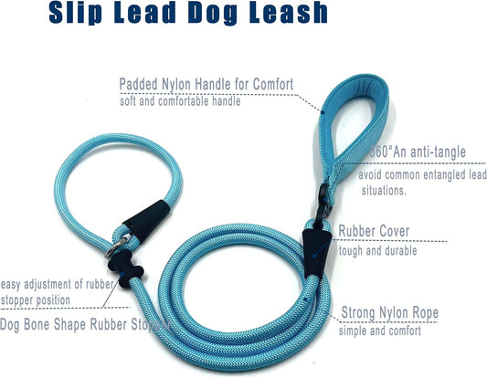 Slip Lead Dog Leash,Strong Nylon Rope Leash and Padded Handle,No Pull Outdoor Walking Training Lead for Small Medium Large Dogs(Light Bule, 1/2"×6ft)