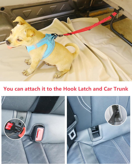 AUBELL Dog Seat Belt for Car,2 Pack Set 3-in-1 Adjustable Reflective Bungee Heavy Duty Dog Car Harness Tether with Clip Hook Latch & Buckle,Swivel Zinc Alloy Carabiner,Black+Red