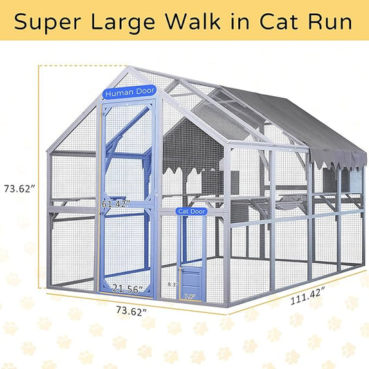 Catio Outdoor Cat Enclosure House Large for Multiple Cats, Wooden Cat Condo Cage for Outside with Waterproof Roof, Playpen, Resting Box, Platform, Bridges, Doors, 111”x74”x74”, Gray