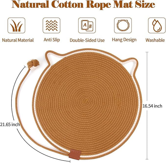 2-Pack Cat Scratching Mats, Natural Cotton Rope Scratch Pad with Ear Shape Hanging Hook and Play Ball, Furniture Protector for Wall, Floor, Sofa, Couch, Carpet, Brown
