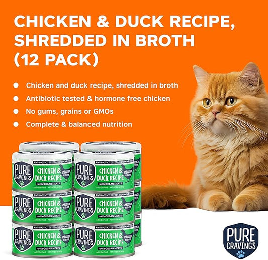 Chicken and Duck Recipe in Broth, Shredded Wet Cat Food, Grain-Free Protein, Non-GMO, 12 Pack