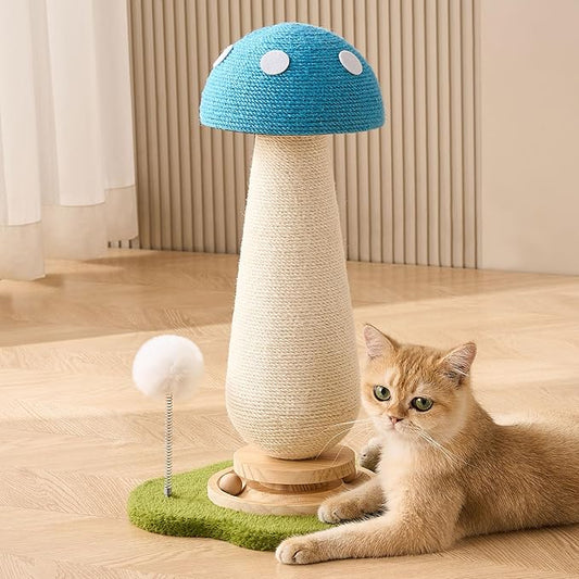 21.5‘’ H Cat Scratching Post with Catnip,Cute Mushroom Cat Scratcher Post with Durable Natural Solid Wood Turntable Toy, Sky Blue Mushroom Shape Design Cat Toy Cat Sisal Scratcher for Indoor Cats