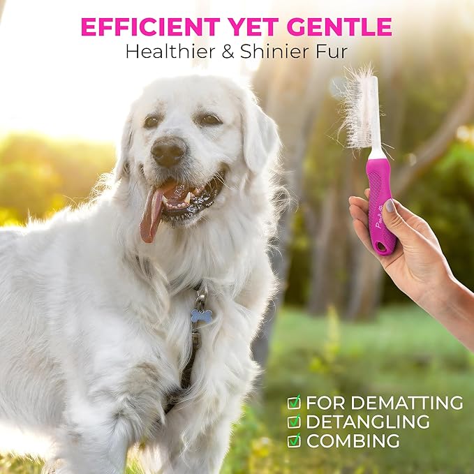 Poodle Pet Detangling Pet Comb with Long & Short Stainless Steel Teeth for Removing Matted Fur, Knots & Tangles – Detangler Tool Accessories for Safe & Gentle DIY Dog & Cat Grooming (Pink)