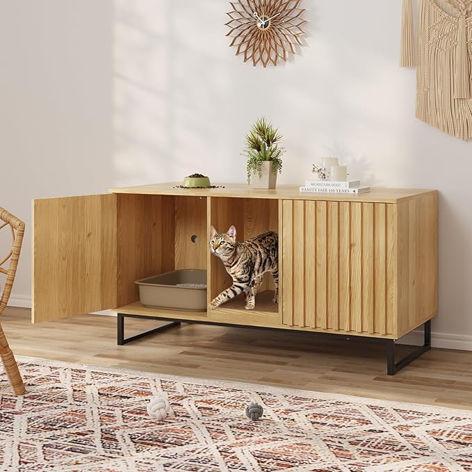 Cat Litter Box Enclosure for 2 Cats, 47.6’’ Litter Box Furniture Hidden with Scratch Pad, Double Room Large Cat Cabinet, Indoor Pet House TV Stand Side Table,Cats Washroom, Natural