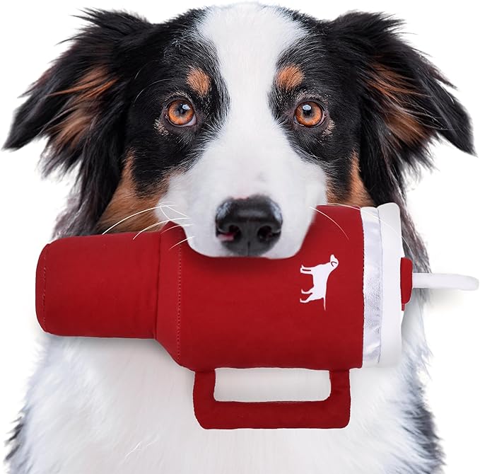 Pup Cup Tumbler Dog Toy – Birthday Dog Toy, Funny Squeaky Plush Puppy Gift, Cute Birthday Present (Ruby Red)