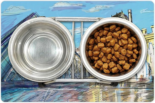 Lunarable Sketchy Pet Mat for Food and Water, Museum Themed Paris Watercolor Modern French Place Pop Art Style Day Time Image, Non-Slip Rubber Mat for Dogs and Cats, 18" X 12", Cream and Blue