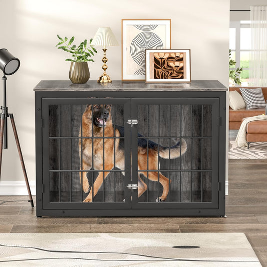 48" Heavy Duty Dog Crate Furniture for Extra Large Dogs, Metal Cage for High Anxiety Dogs, Wooden Kennel Furniture Indoor, Decorative Dog Kennel End Table, XL