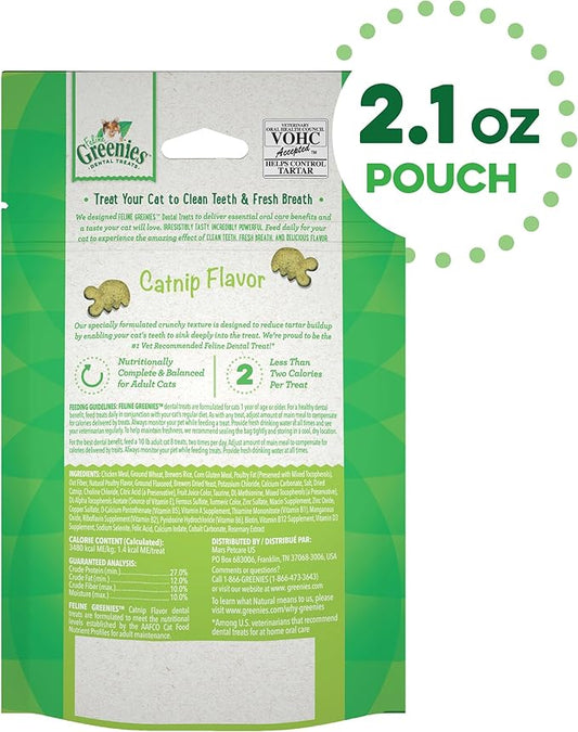 Greenies Feline Adult Dental Cat Treats, Catnip Flavor, 2.1 oz. Pack