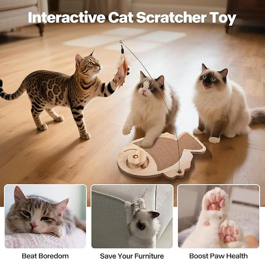 Pawise Cat Scratcher,Fish Shaped Cat Scratcher Toy,Natural Sisal Cat Scratching Board with Feather Teaser and Wooden Roller Ball Toy,Interactive Cat Toy for Indoor Cats,Kittens,+Replacement Feather