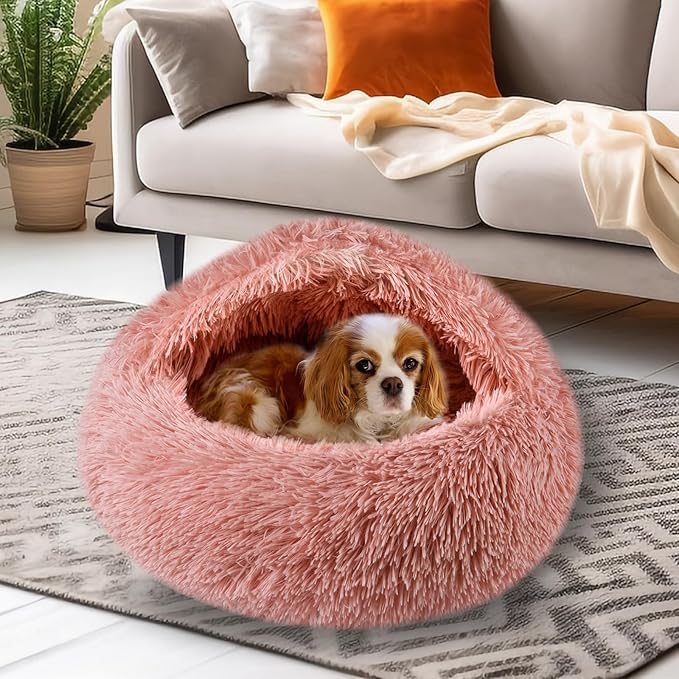 Cat Beds for Indoor Cats,Cat Cave for Puppy and Kitty,Calming Small Dog Bed for Small Dogs with Cover Cave,Cozy Warming Fluffy Washable Anti-Slip Pet Sleeping Bag(24 * 24inch,Leather Pink)