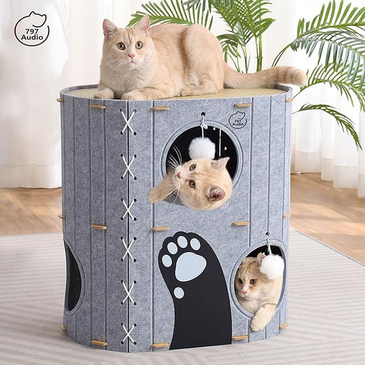 Cat House for Indoor Cats,2-Storey 23" x 15" x 23" Large Felt Covered Cat Cave for Multiple Cats,Clawsable Enclosed Cat Hideout Houses&Condos with Fluffy Ball, Cozy Scratch Resistant House