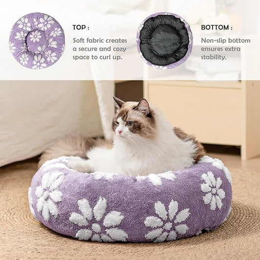 Donut Dog Beds for Small Dogs, Calming Round Cat Beds for Indoor Cats, Cute 3D Textured Flower Pet Bed with Removable Washable Cover and Anti-Slip Bottom(Purple,20")