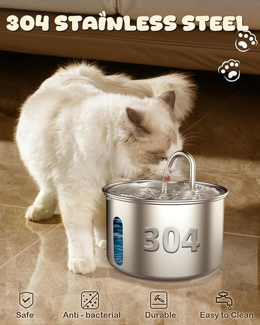 Stainless Steel Cat Water Fountain, 3.2L/108oz Quiet Automatic Cat Water Dispenser, Indoor Pet Spout, Dog Drinking Bowl with 1x Filter & 1x Sponge for Cats/Dogs/Multiple Pets - Silver
